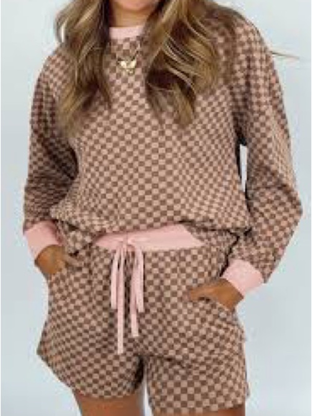 Boutique Apple Boulevard checkerboard Pink & Brown Lounge Set NWOT Med - Picture 1 of 7